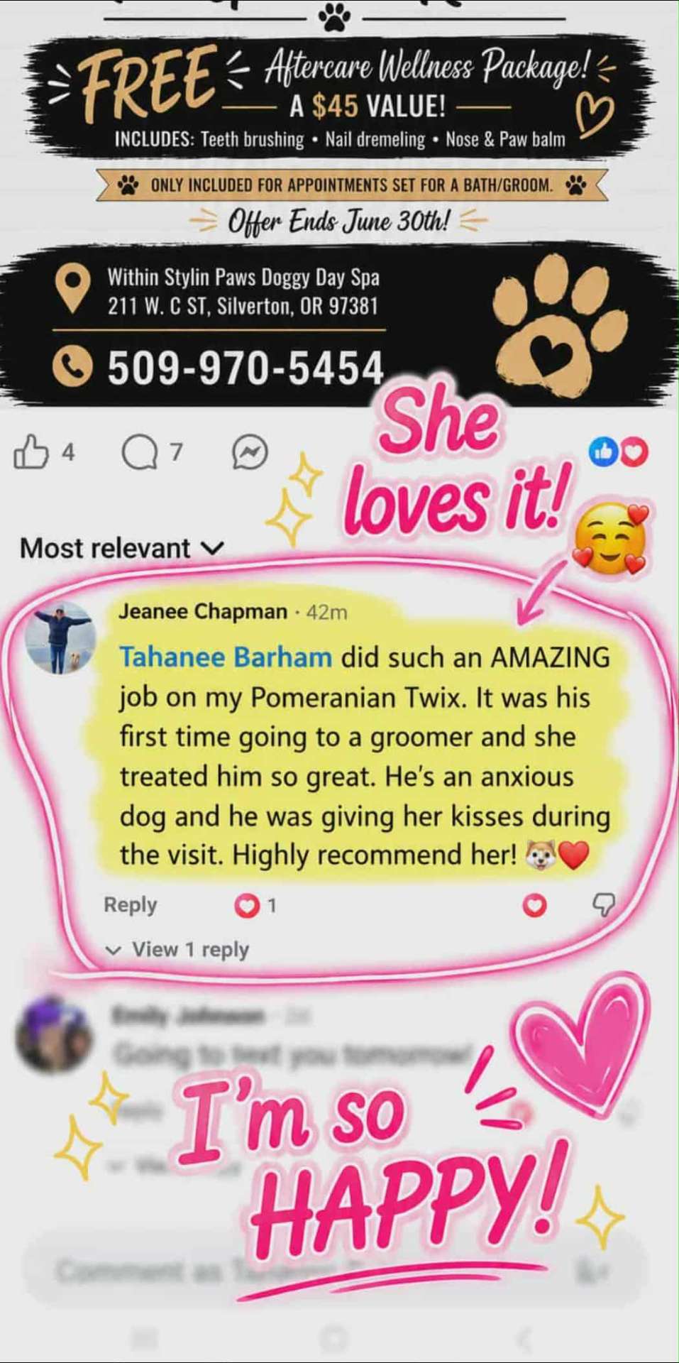 Facebook review from Jeanee Chapman praising Tahanee's grooming of her Pomeranian Twix